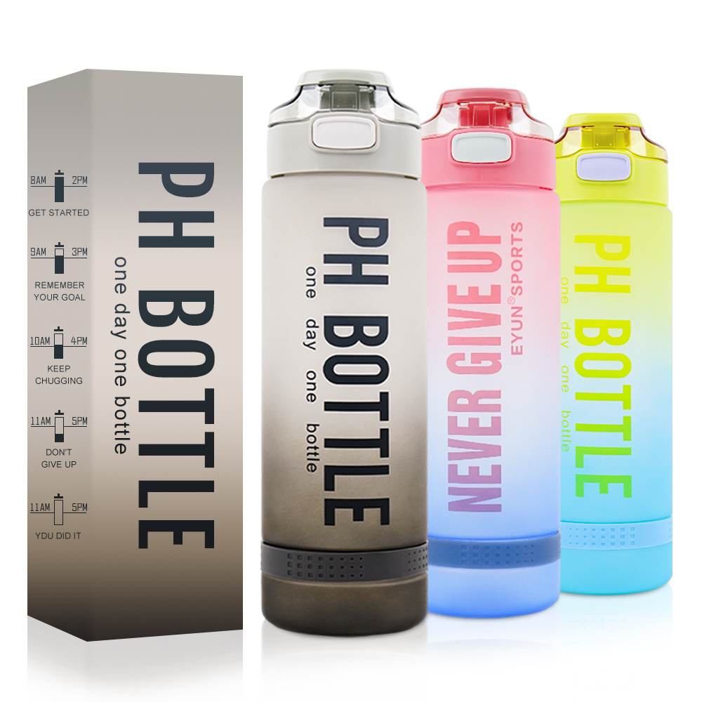 BPA Free 32 oz 1000ml Plastic Sports Bottle Leak Proof  Motivational Water Bottle with Time Maker and Strap