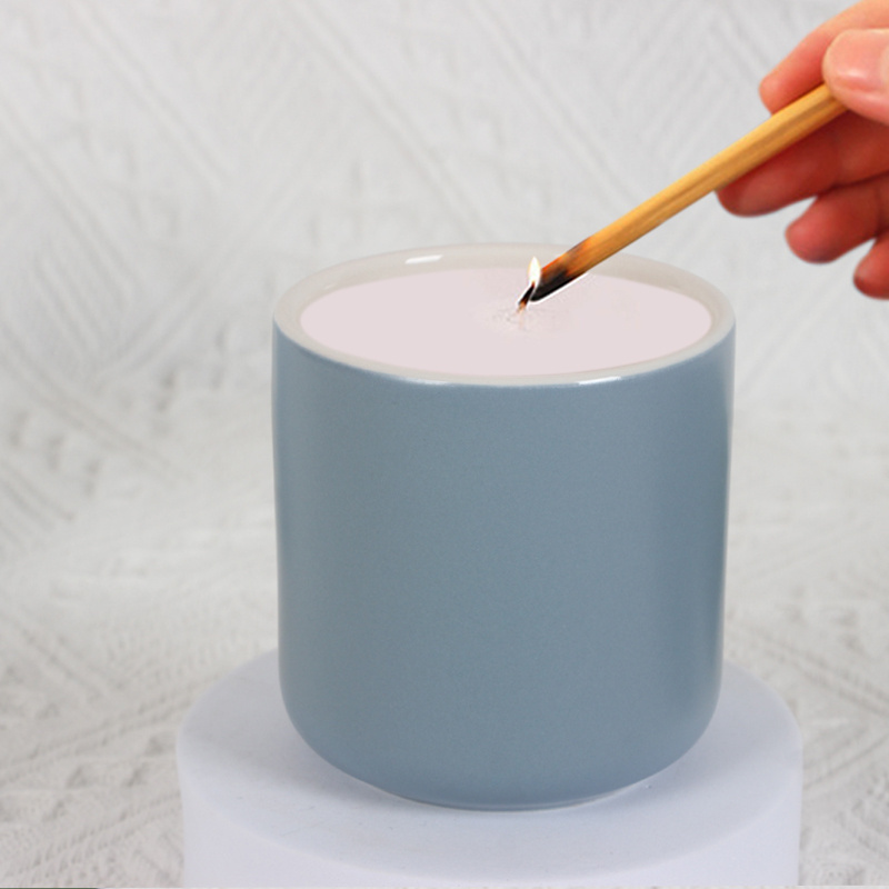 Blue Sublimation Matte Candle Packaging Bulk Ceramic Candle Holder Jar With Bamboo Wooden Lids