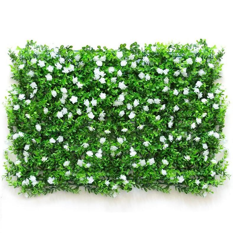 Pampas Faux Artificial Grass Green Wall Panel Backdrop With Green And White Flowers