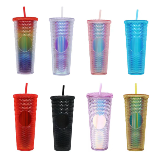 Double Wall Plastic 710ml Tumbler 24oz BPA Free Mug Portable Matte acrylic Pink Tumblers with Straw and Lid