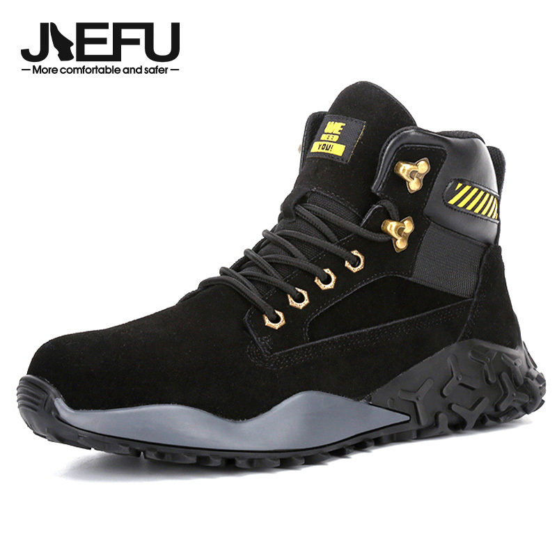 JIEFU Suede leather outdoor safety shoes Feet protective woven steel toe anti-puncture work safety boots for man