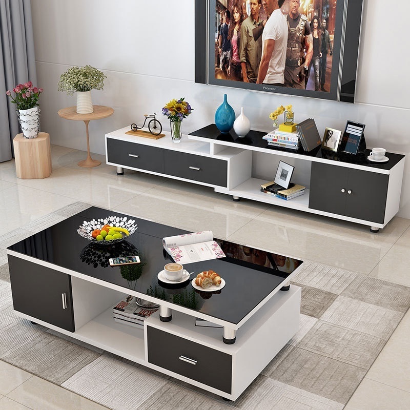 2024 hot sale modern luxury latest fashion design tv stands cheap price black white tv stand and coffee table set