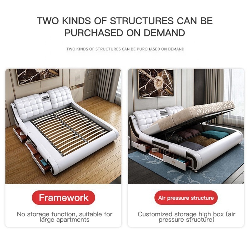 Factory price modern luxury design king size leather split adjustable smart furniture air bed multifunctional tv wood beds