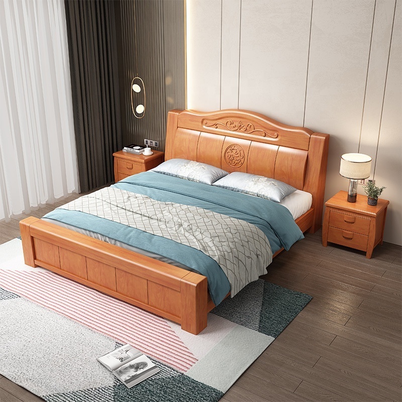 Designer Chinese style solid wood furniture master bedroom home classic storage wooden frame king size bed for adult