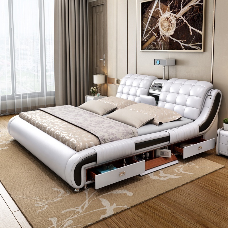 Factory price modern luxury design king size leather split adjustable smart furniture air bed multifunctional tv wood beds