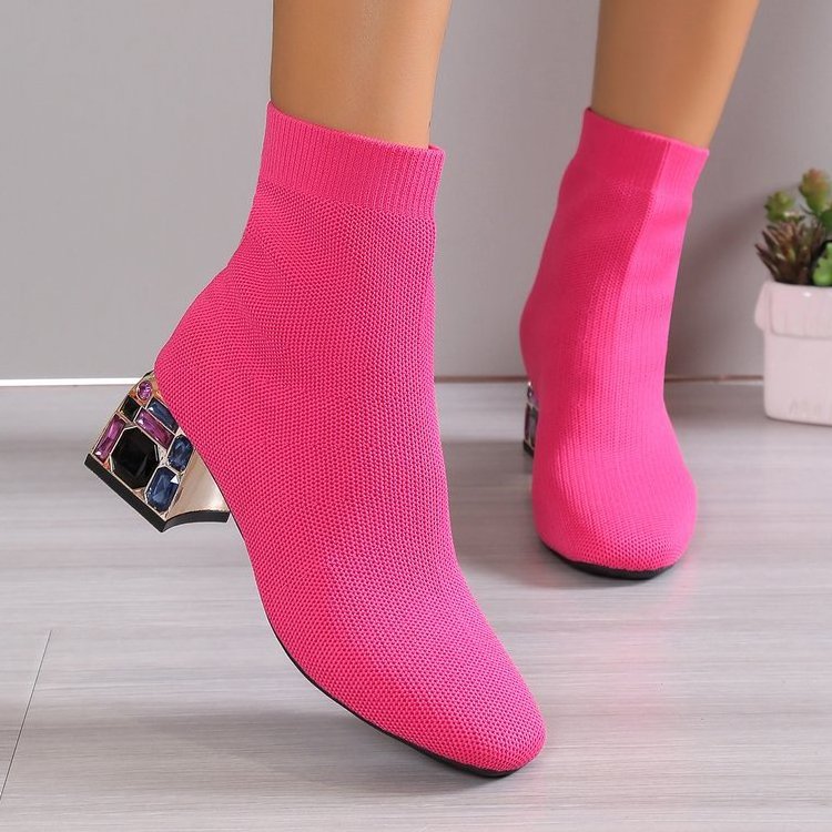 Wholesale of high-quality anti slip thick heel knitted hot pink black ankle classic boots for women's platform Chelsea boots