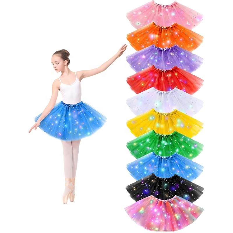 Girls Led Light Up Tulle Mini Luminous Princess Skirt Fancy Party Dance Ballet Fairy Costume Supplies Decorations Tutu Skirts