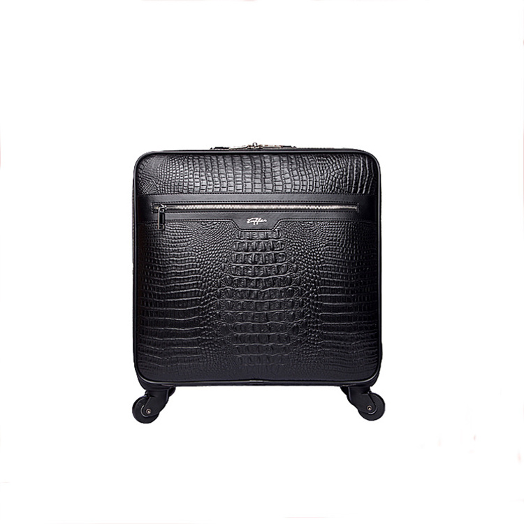 Leather business and leisure travel suitcase 16 inch crocodile pattern black trolley bag