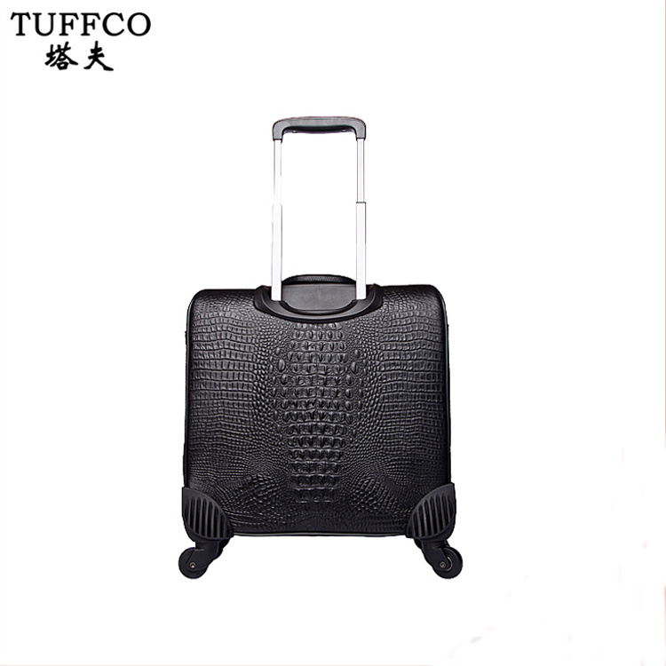 Leather business and leisure travel suitcase 16 inch crocodile pattern black trolley bag