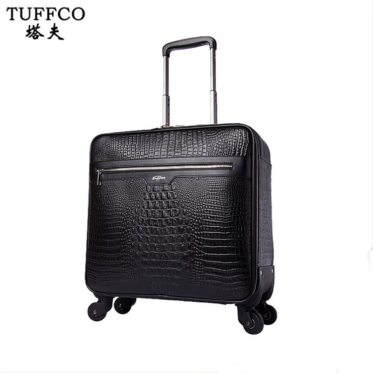 Leather business and leisure travel suitcase 16 inch crocodile pattern black trolley bag