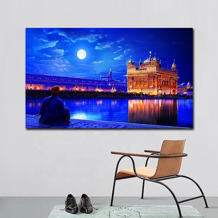 Home Living Room Wall Decor Blue Religious Golden Palace canvas led light print art  picture painting