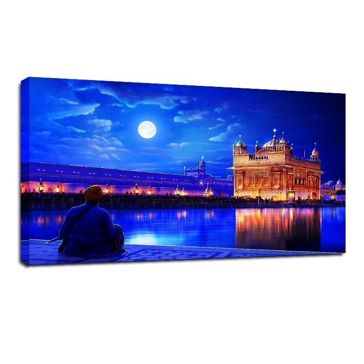 Home Living Room Wall Decor Blue Religious Golden Palace canvas led light print art  picture painting