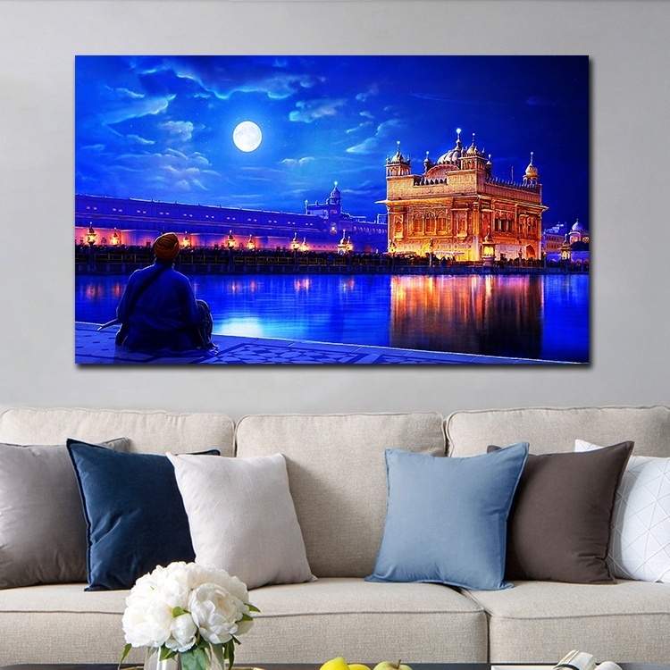 Home Living Room Wall Decor Blue Religious Golden Palace canvas led light print art  picture painting