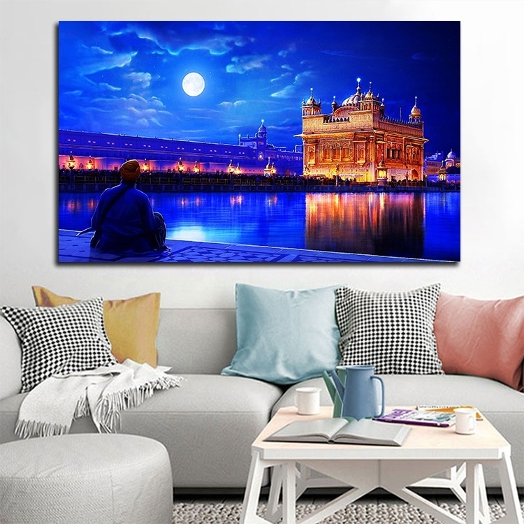 Home Living Room Wall Decor Blue Religious Golden Palace canvas led light print art  picture painting