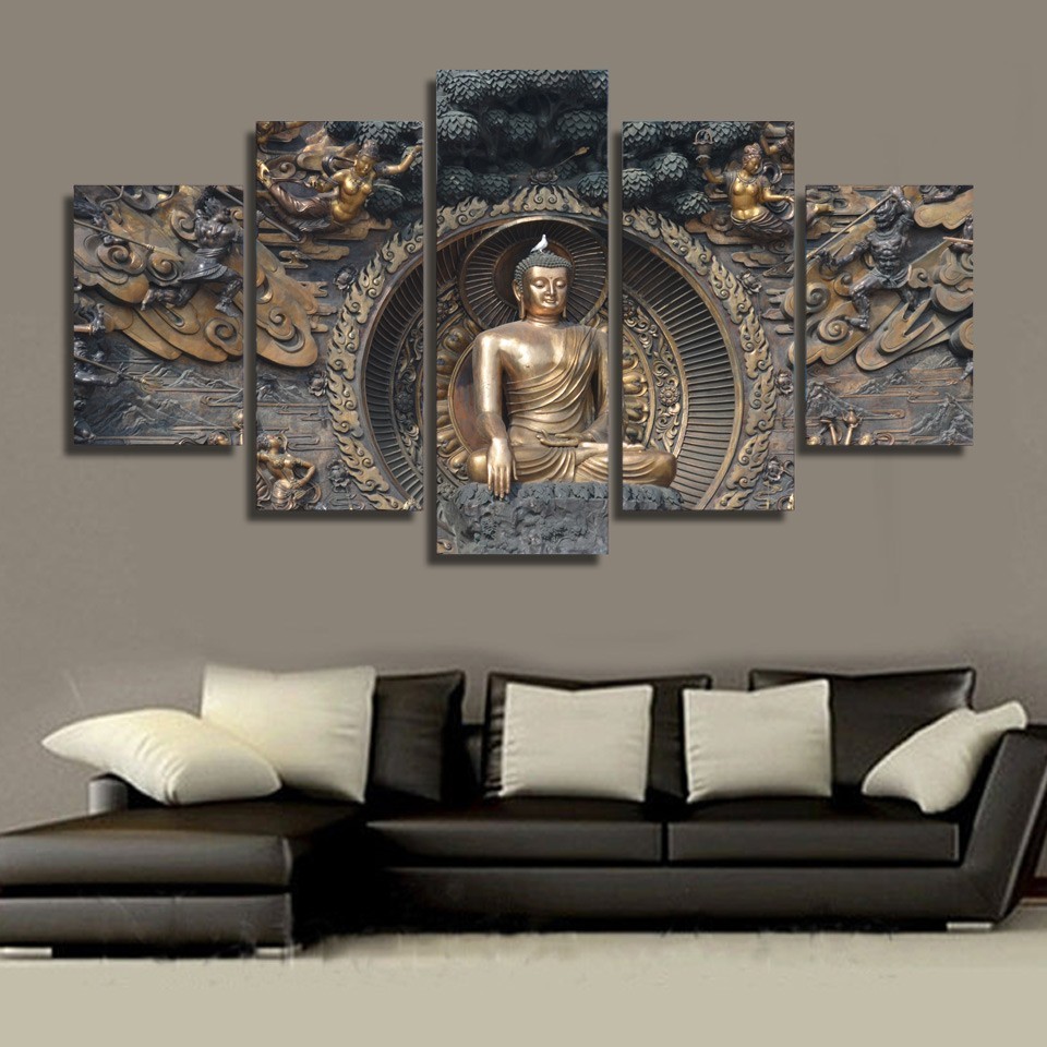 5 panels hot sale Religious Buddhist decor prints pictures buddha wall hanging art canvas paintings