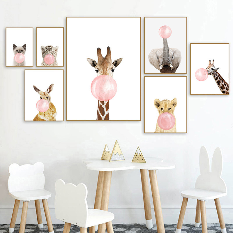 Pink Bubble Elephant Giraffe Child Poster Animal Wall Art Canvas Nursery Print Painting Nordic Kid Baby Room Decoration Picture