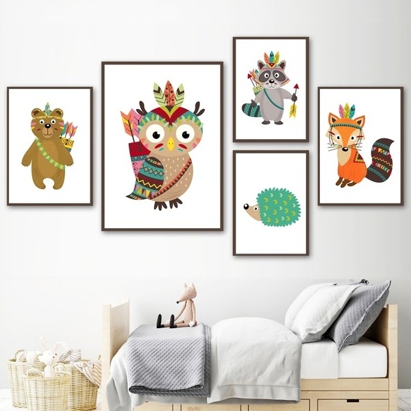 Baby Kids Room Decor Bear Owl Fox Hedgehog Arrow Wall Art  canvas printing custom for kids painting decoration wall picture