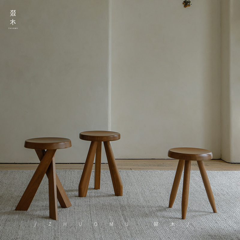 Japanese simple solid wood low stool household quiet wind white wax wood small round stool side ancient furniture small bench