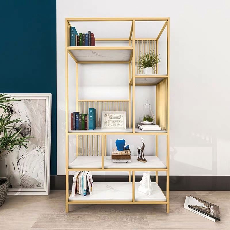 Customized Size Bookcase Display Rack Wooden and Metal Book Shelf with Marble