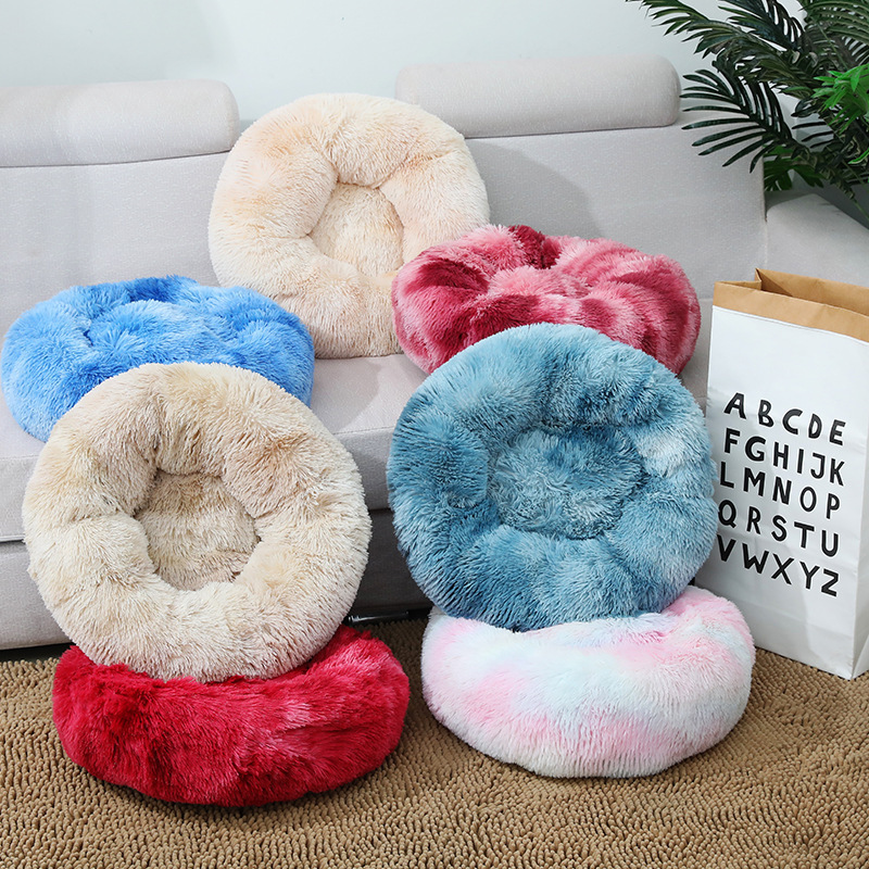 Custom Washable Round Long Faux Fur Removable non-slip Rattan Pet Beds luxury Fluffy Cat Dog Bed