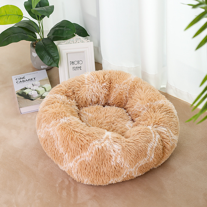 Custom Washable Round Long Faux Fur Removable non-slip Rattan Pet Beds luxury Fluffy Cat Dog Bed