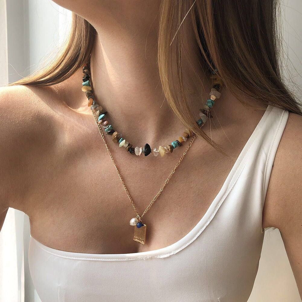 Hot Selling Bohemian Natural Raw Gravel Beaded Choker Minimalism Colorful Healing Stone Crystal Summer Necklace For Women