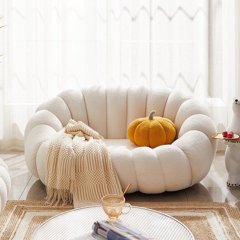 China Factory Wholesale Drop Shipping White Cream Boucle Fabric Sofa Pumpkin Shape Soft Couch Swivel Lounge Chair