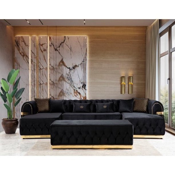 Luxury Velvet Double Chaise Sectional Sofas Stainless Steel Base Velvet Tufted Buttons Chesterfield Sofa Set 3 Seater  Couch