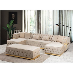 Luxury Velvet Double Chaise Sectional Sofas Stainless Steel Base Velvet Tufted Buttons Chesterfield Sofa Set 3 Seater  Couch