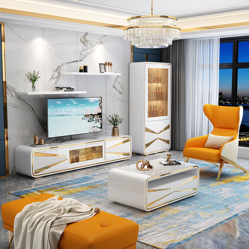 Factory modern design gold and white tv cabinet luxury home furniture wall unit tv stand with coffee table set for living room