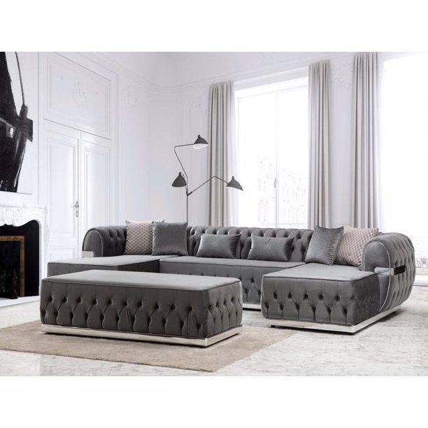 Luxury Velvet Double Chaise Sectional Sofas Stainless Steel Base Velvet Tufted Buttons Chesterfield Sofa Set 3 Seater  Couch