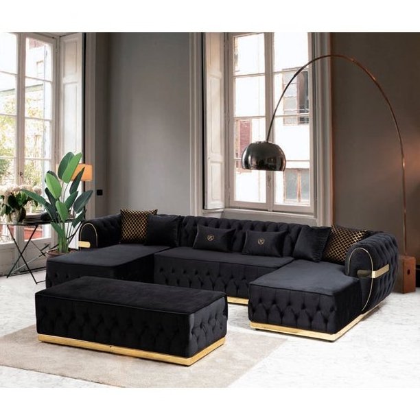 Luxury Velvet Double Chaise Sectional Sofas Stainless Steel Base Velvet Tufted Buttons Chesterfield Sofa Set 3 Seater  Couch