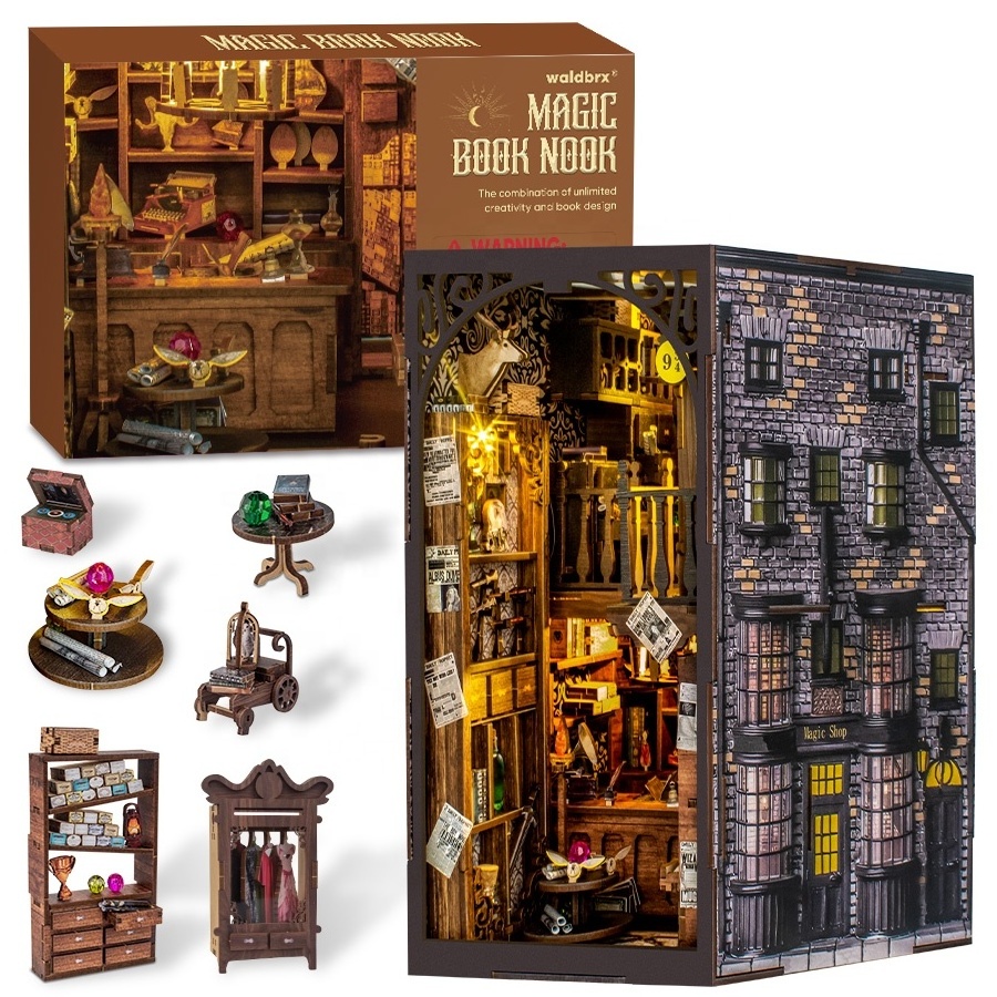 Christmas Gift Handmade 3D Wooden Puzzle Magical Bookshelf Educational Toy DIY Book Nook Kit with LED light Miniature House