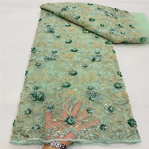 Chinese factory polyester embroidery with sequins green color 5 yards net organza lace Very beautiful and high quality