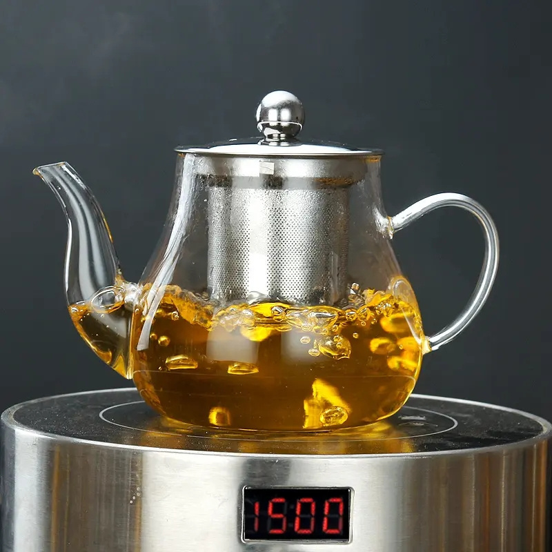 Cafe Home Office Bar Stove Top Safe Flower Tea Kettle Glass Tea Pot with Stainless Steel Infuser Strainer