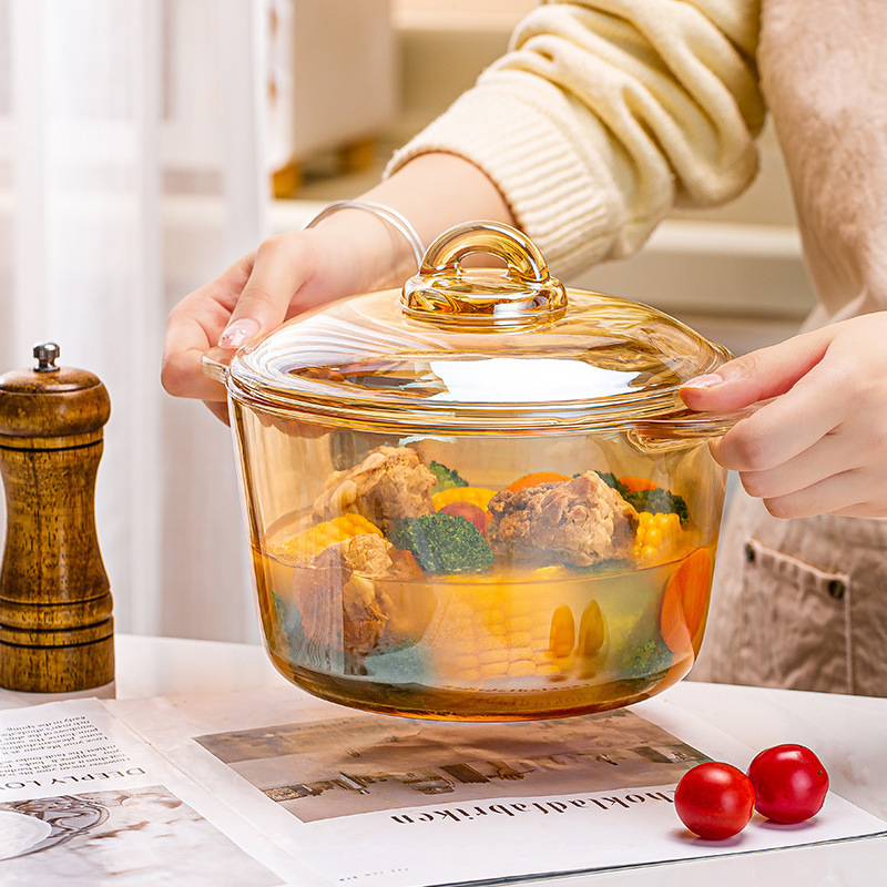 new Transparent Amber Pans With Two Ears Oven Stew Kitchen Accessories Soup Hot Pot Cookware Glass Cooking Pot