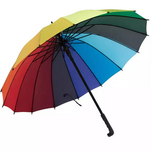 New Customized Logo 16K Automatic Open Iridescence Umbrella Golf Windproof Parasol Long Straight Handle Rainbow Umbrella