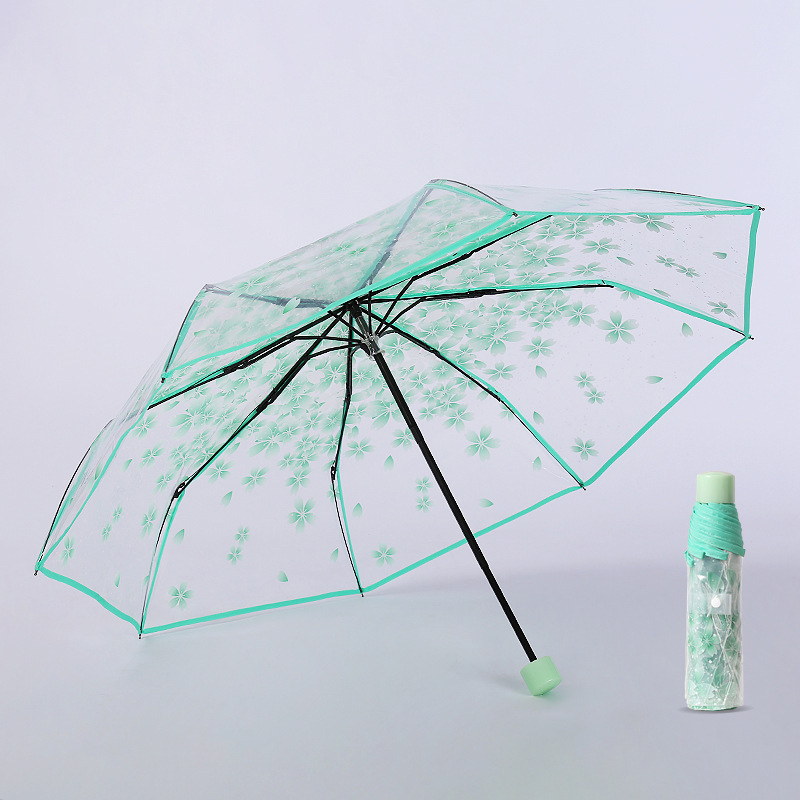 2023 new Fashion UV proof sun umbrella transparent Cherry Blossom three fold umbrella Semi automatic long handle umbrella