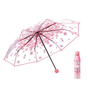 2023 new Fashion UV proof sun umbrella transparent Cherry Blossom three fold umbrella Semi automatic long handle umbrella