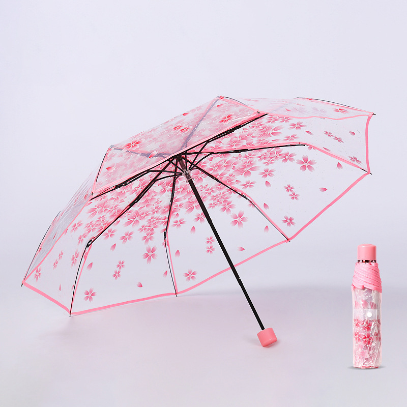 2023 new Fashion UV proof sun umbrella transparent Cherry Blossom three fold umbrella Semi automatic long handle umbrella