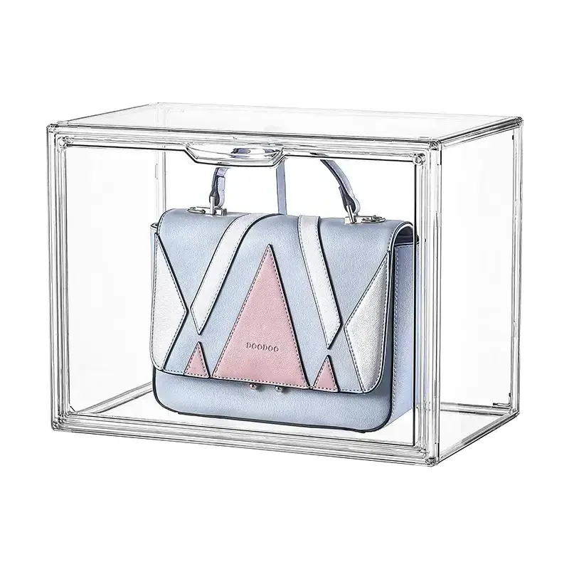 Plastic stackable book display case with magnetic door clear book storage organizer box clear shoe bag box storage stackable