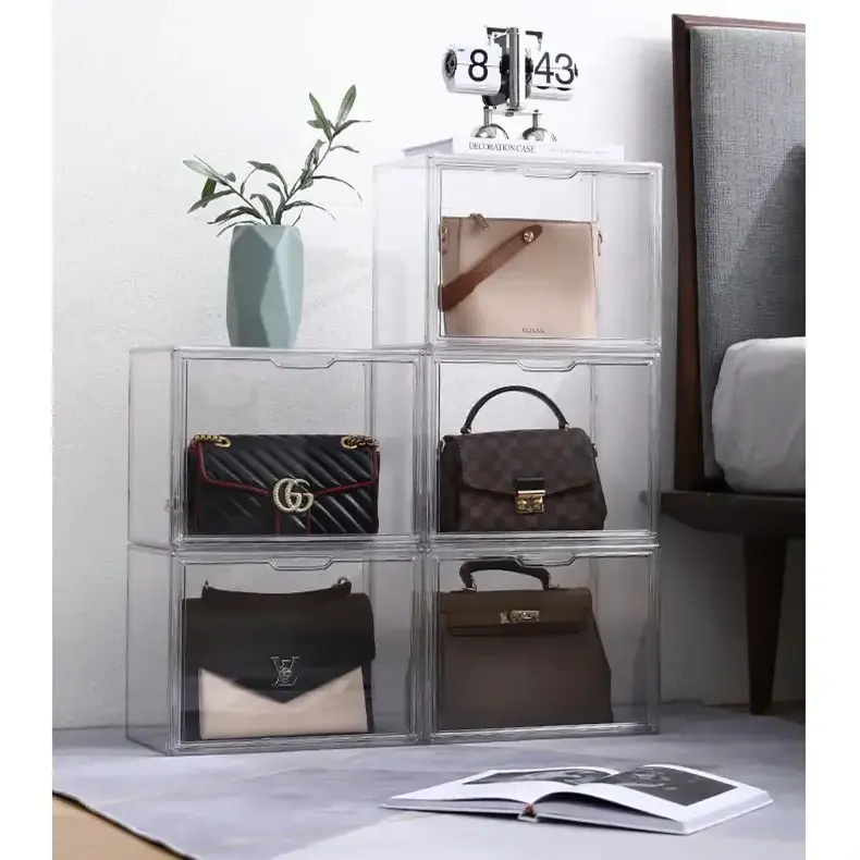 Plastic stackable book display case with magnetic door clear book storage organizer box clear shoe bag box storage stackable