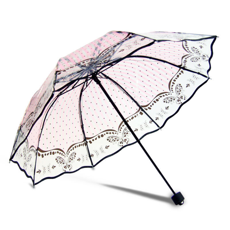 2023 new Korean Style Lace Folding Umbrellas Super Thick Environmental Clear Umbrella Love Printing Transparent Umbrella