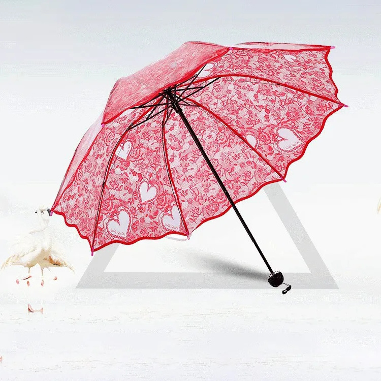 2023 new Korean Style Lace Folding Umbrellas Super Thick Environmental Clear Umbrella Love Printing Transparent Umbrella