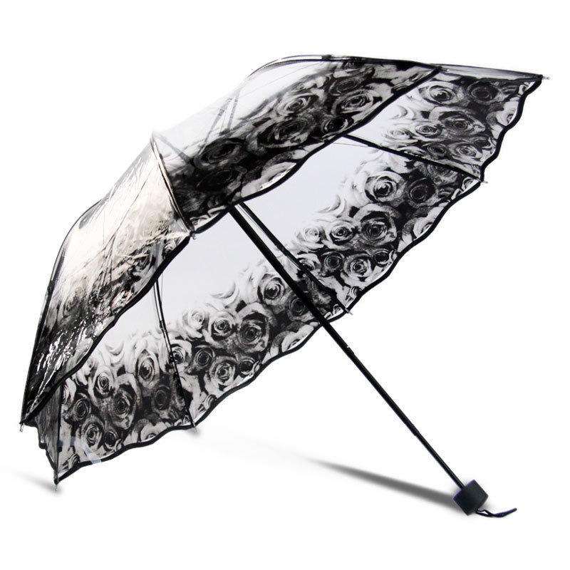 2023 new Korean Style Lace Folding Umbrellas Super Thick Environmental Clear Umbrella Love Printing Transparent Umbrella