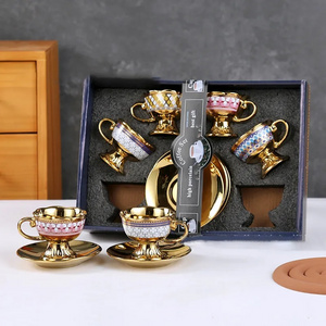 2023 New Custom Gift Box Saudi Arabia Middle East Turkey Gold Plated Porcelain Ceramic Coffee Tea Cup Set with Saucers