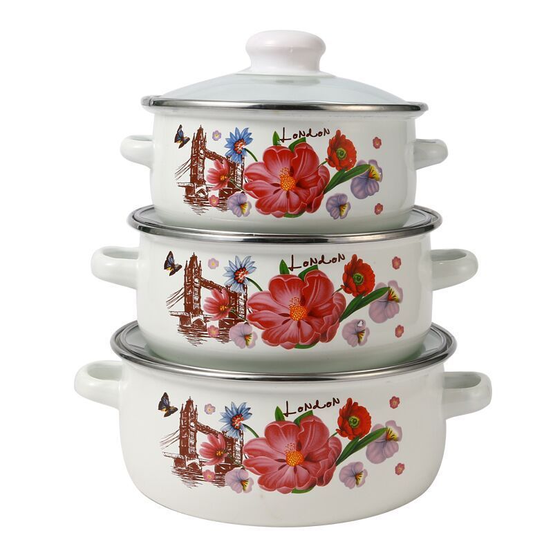 Cooks Tradition Enamel Casserole Camping Pot 3Pcs Enamel Pot Sets with Decal Flower Cover cookware set cooking