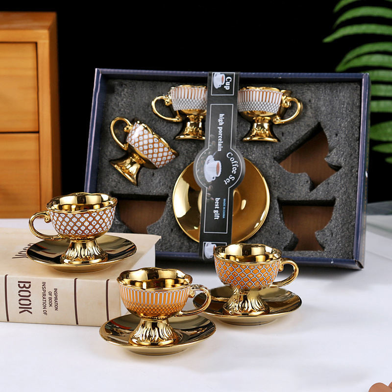 2023 New Custom Gift Box Saudi Arabia Middle East Turkey Gold Plated Porcelain Ceramic Coffee Tea Cup Set with Saucers