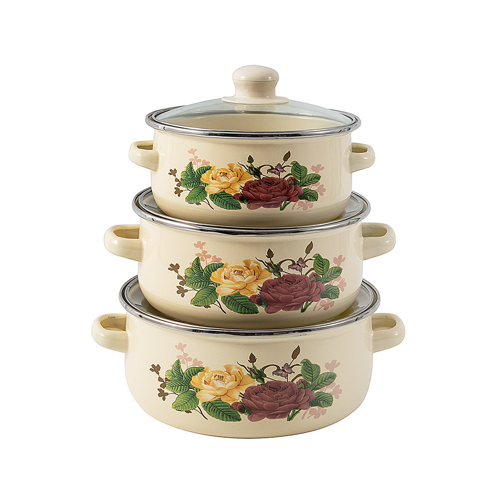 Cooks Tradition Enamel Casserole Camping Pot 3Pcs Enamel Pot Sets with Decal Flower Cover cookware set cooking