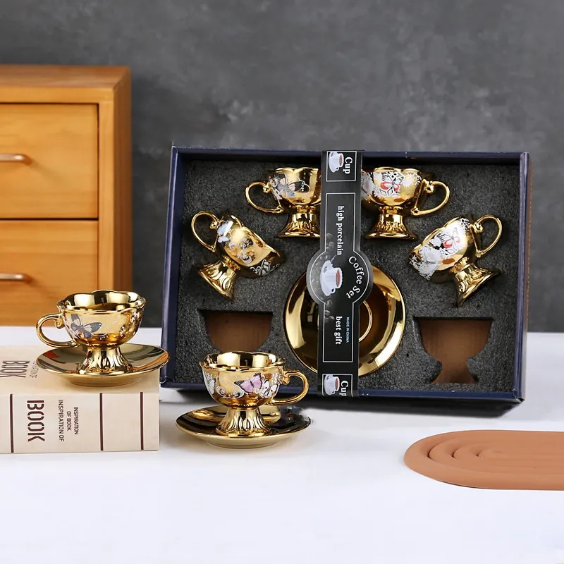 2023 New Custom Gift Box Saudi Arabia Middle East Turkey Gold Plated Porcelain Ceramic Coffee Tea Cup Set with Saucers